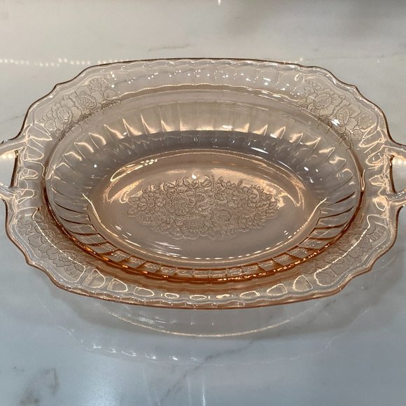 Charmed Pink Art Deco Depression Glass Bowl with Handles - Picture 9 of 16